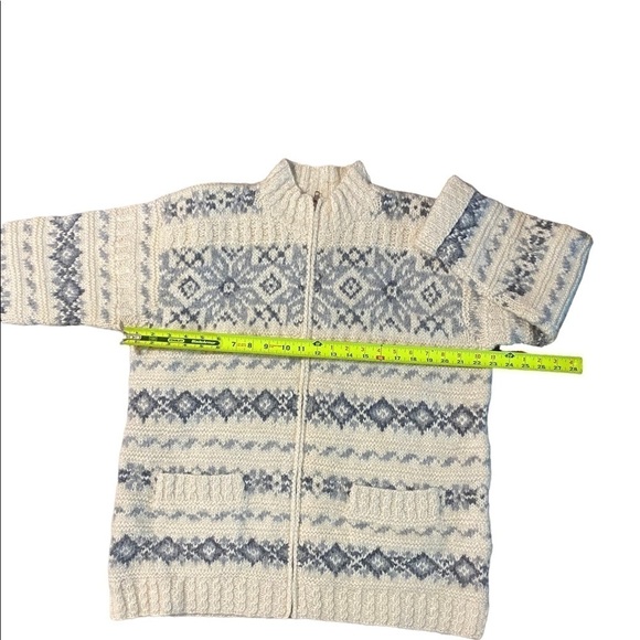 Vintage Hand Knit Jones NY Wool Cardigan Sweater PL Cream Blue  Zip Pockets - Picture 5 of 9